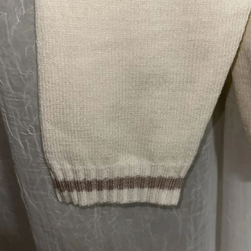 Pink Republic M Ivory Tan Stripe Trim Knit Button V-Neck Cardigan with Pockets - Picture 8 of 14